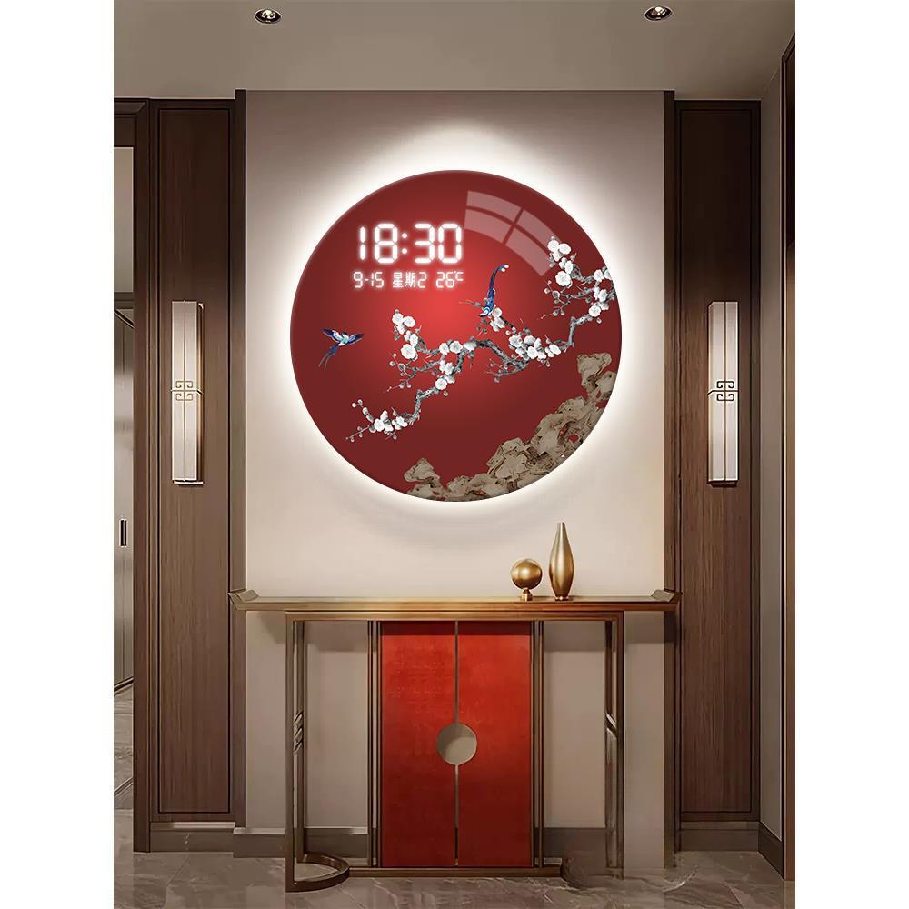 新中式花鸟入户玄关装饰画高档LED电子屏时钟走廊过道墙壁画带灯