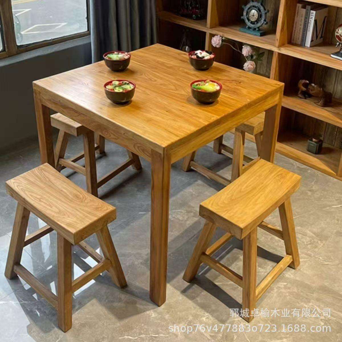 老榆木漫咖啡厅桌椅砂锅店餐桌复古做旧面馆快餐小吃店实木小方桌