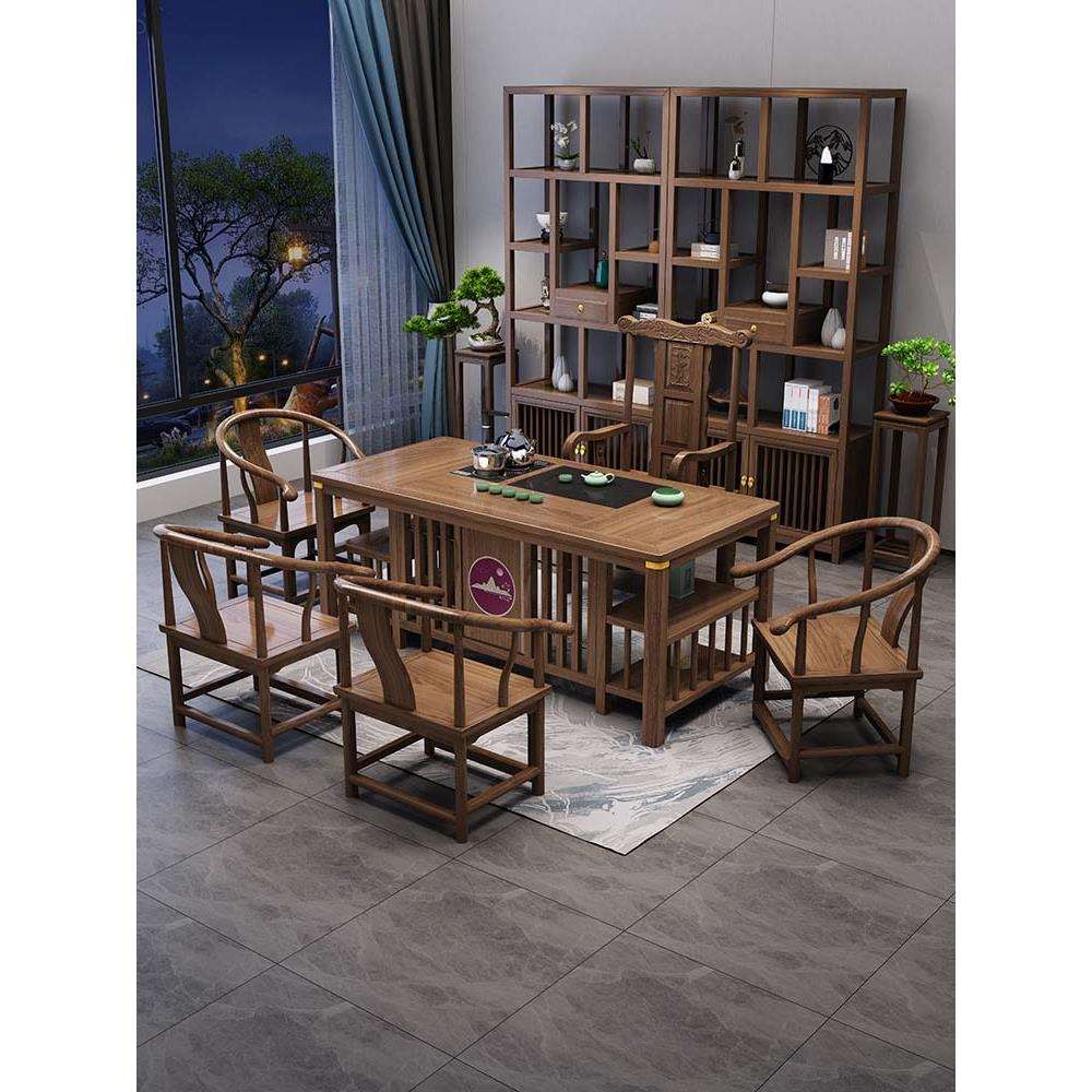 新中式实木茶桌椅组合一桌五椅家用办公室功夫泡茶台茶几茶具套装