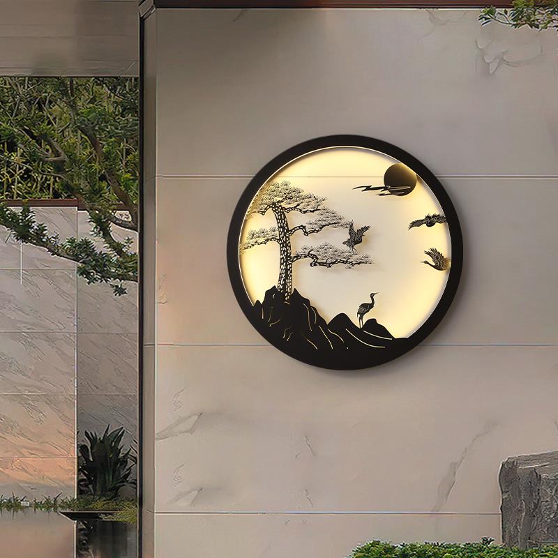 新中式户外防水庭院壁灯园林花园影壁墙装饰创意迎客松仙鹤挂件灯