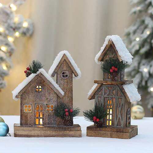 工厂原木碳化木质发光小木屋白雪屋顶圣诞雪屋房子节日装饰品