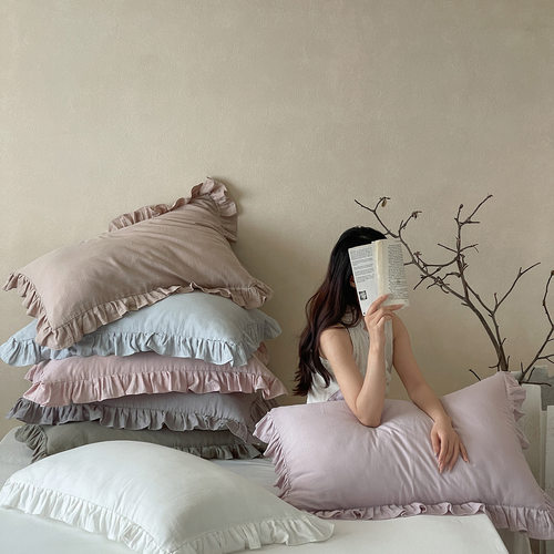 花边美学全棉双层纱单品单枕套 48*74cm/对   法式花边纯色枕头套