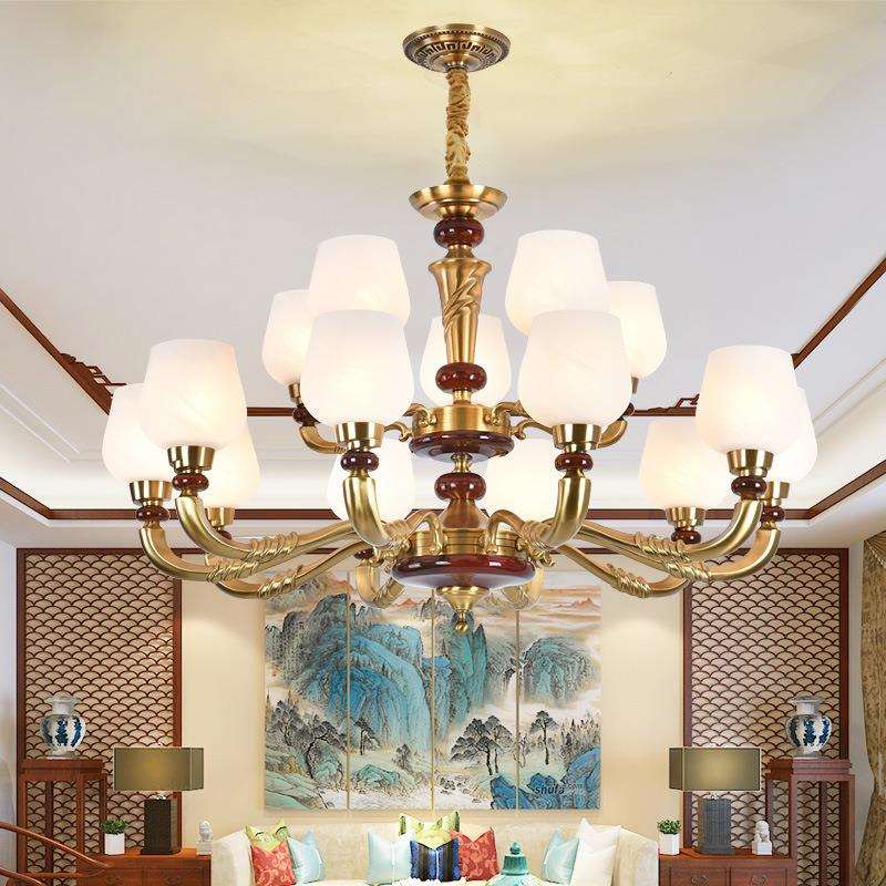 禅意新中式全铜古典创意黑色客厅餐厅卧室复式楼别墅楼梯云石吊灯