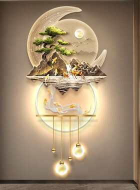 迎客松新中式玄关发光装饰画山水LED灯光挂画立体人体感应壁画灯