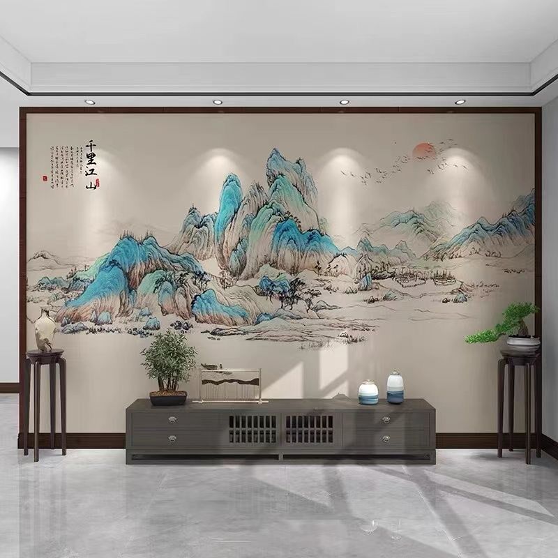 新中式千里江山图碳晶板客厅沙发山水护墙板竹木纤维电视背景墙板