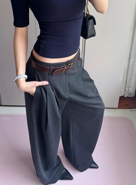 休闲弯刀竖条纹小西裤女深灰色黑色自然腰修身显瘦长裤夏季薄款