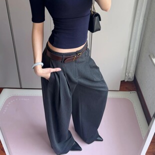 休闲弯刀竖条纹小西裤女深灰色黑色自然腰修身显瘦长裤夏季薄款