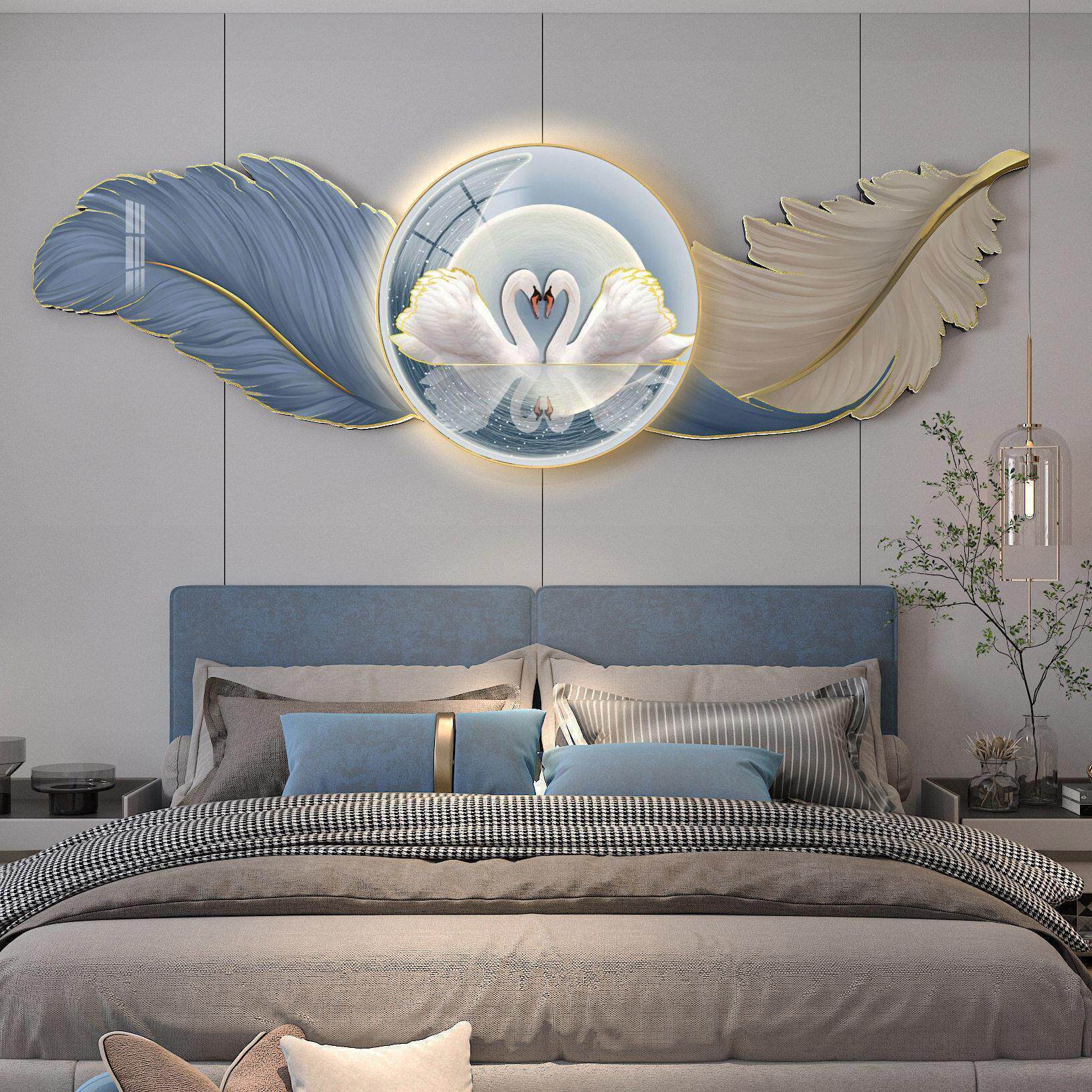 轻奢羽毛装饰画床头挂画卧室背景墙现代简约LED灯带环保PVC