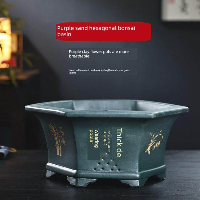 宜兴紫砂盆景壶六方海棠透气性老桩木阳台蔬菜种植工艺品手工陶瓷,鲜花速递/花卉仿真/绿植园艺,花盆,淘宝优惠券,粉丝福利购,淘宝优惠卷