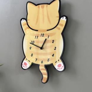 饰钟表现代简约家用个性 卡通竖着橘猫挂钟卧室客厅创意装 静音时钟