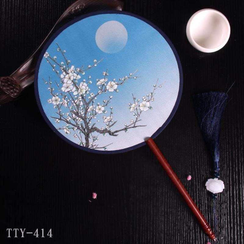 长柄风小圆扇夏汉服古风古装女式描金舞蹈古典边流苏中国扇子团扇