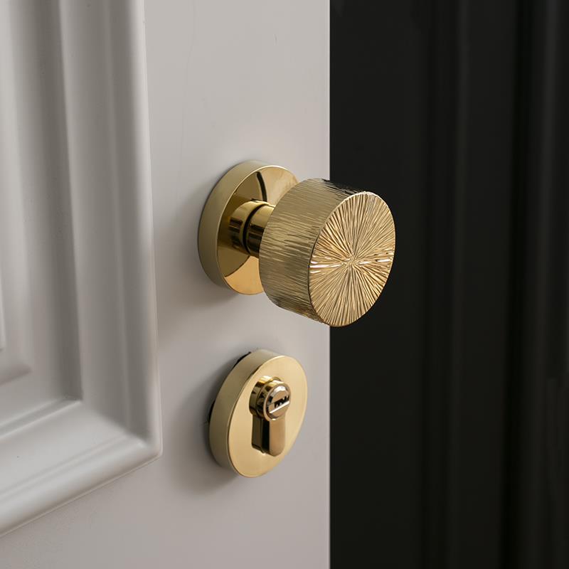 INDOORS轻奢风手工锤纹金色黄铜卫生间门锁纯铜静音家用圆形把手