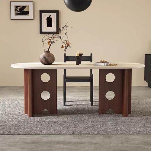 法式中古风实木洞石岩板餐桌椭圆形家用设计师款饭桌复古艺术书桌