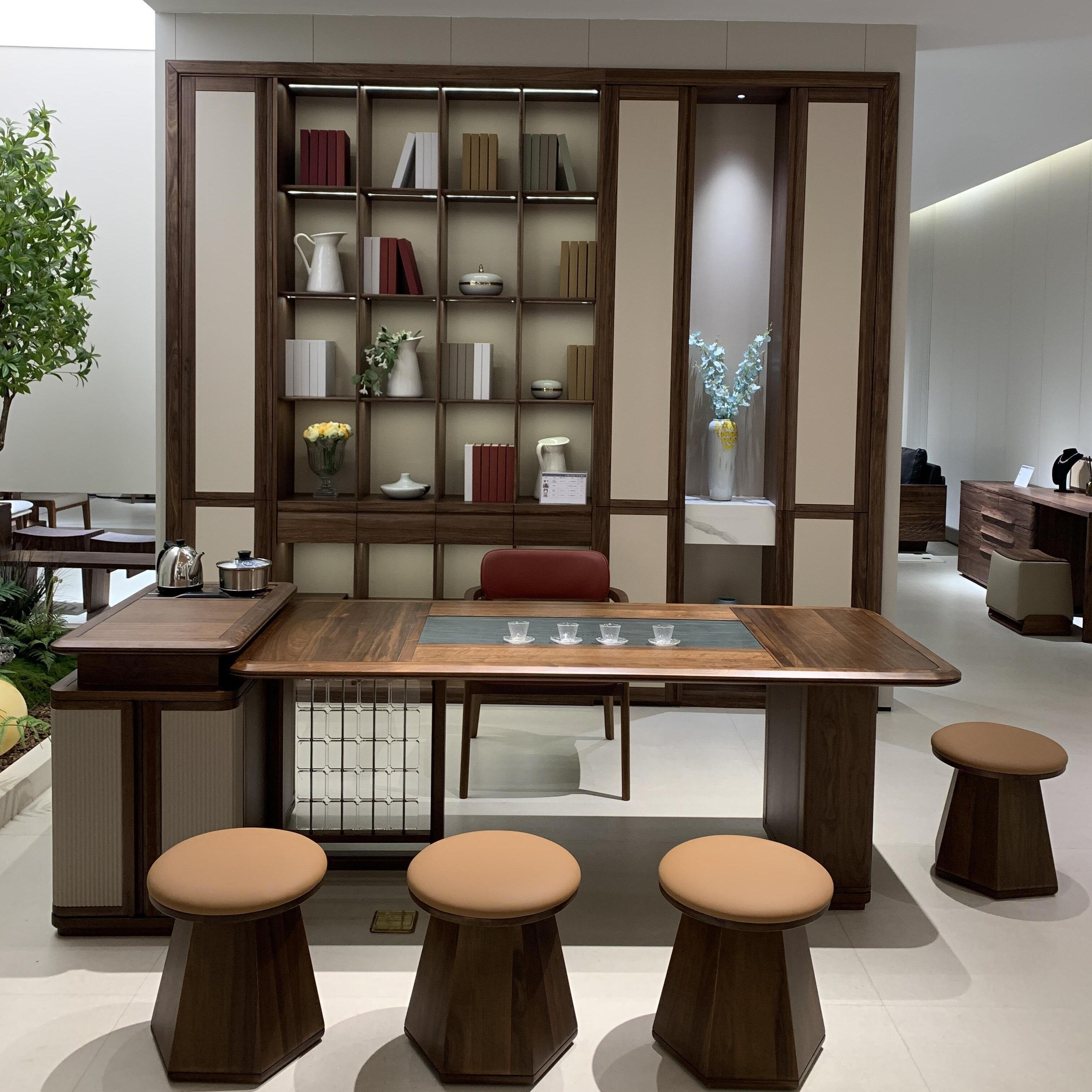 新中式北美黑胡桃木茶桌椅组合实木轻奢烧水壶一体泡茶台办公家用