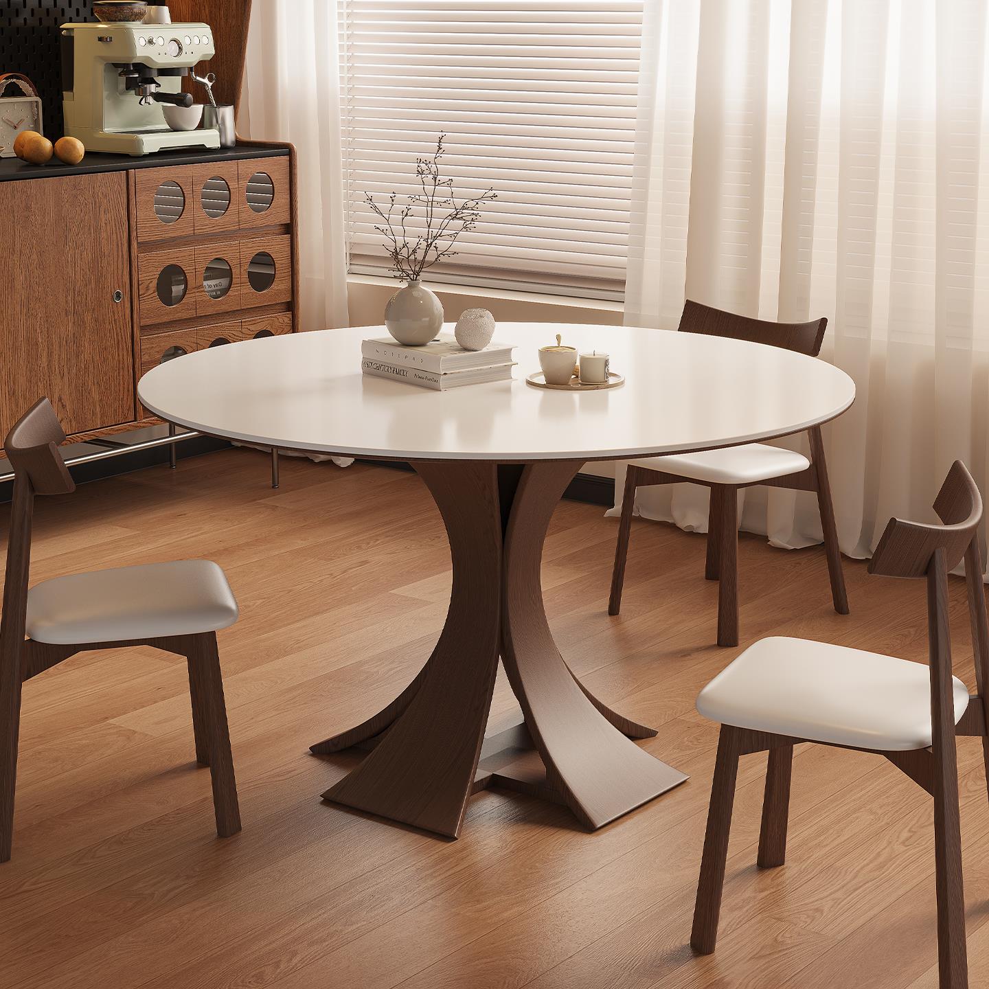 中古风餐桌家用小户型2025年新款覆古纯白岩板实木圆桌饭桌椅组合