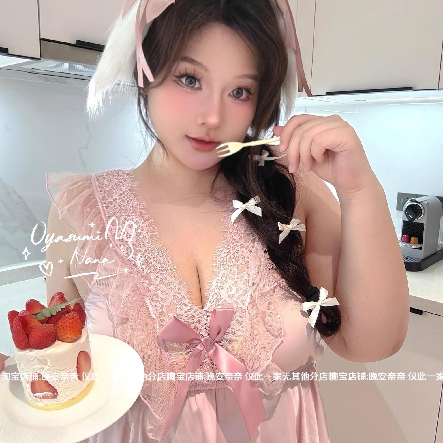 晚安奈奈 纯欲爱神~微胖法式蕾丝花边甜美波点公主风吊带睡裙