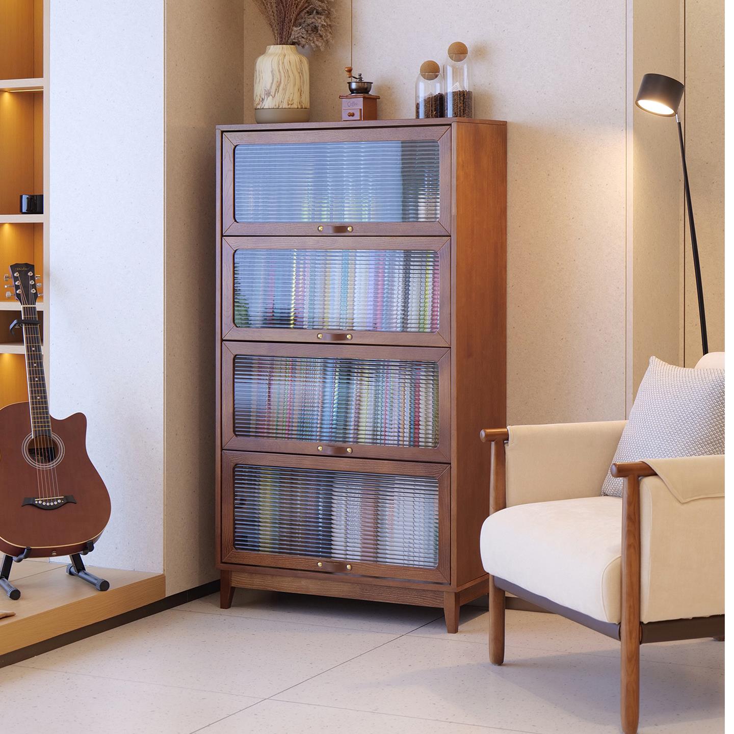 实木书柜带玻璃门展示柜家用展示柜客厅带门书架中古风落地收纳柜