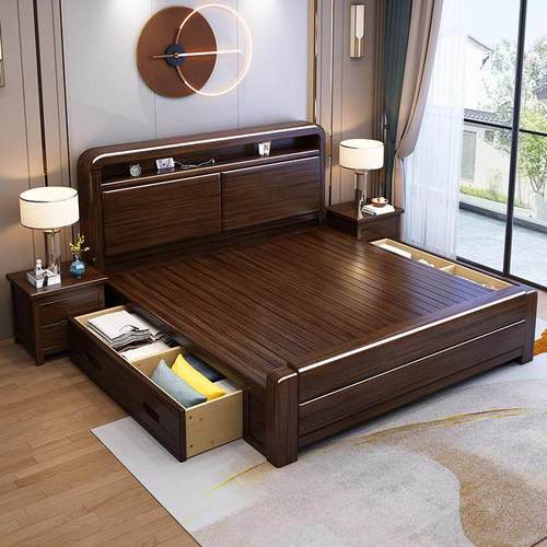 辰娅新中式实木床1.8米大床1.5M双人床经济型简约现代家俱收纳床