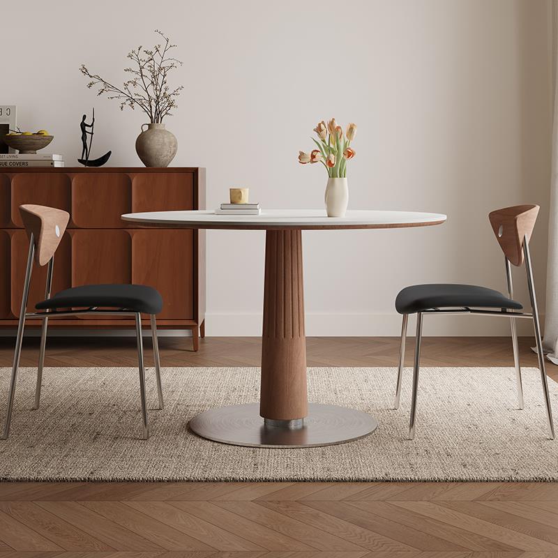 包豪斯中古风实木圆形德利丰岩板餐桌圆桌小户型洽谈桌椅2025新款