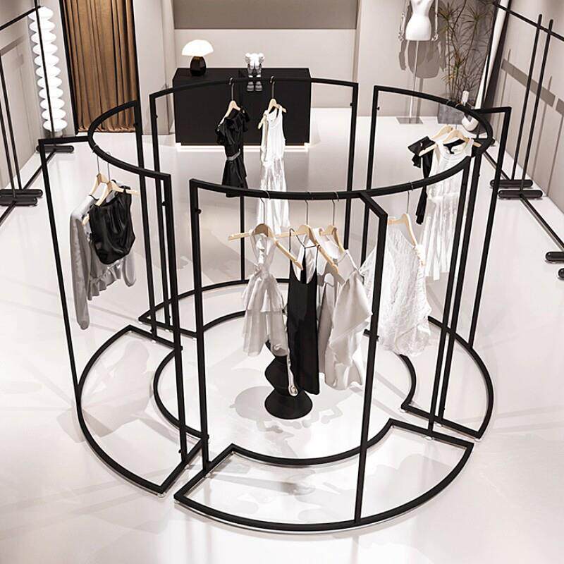 服装店中岛货架女装店中间摆放铁艺黑色衣服陈列架组合衣架展示架