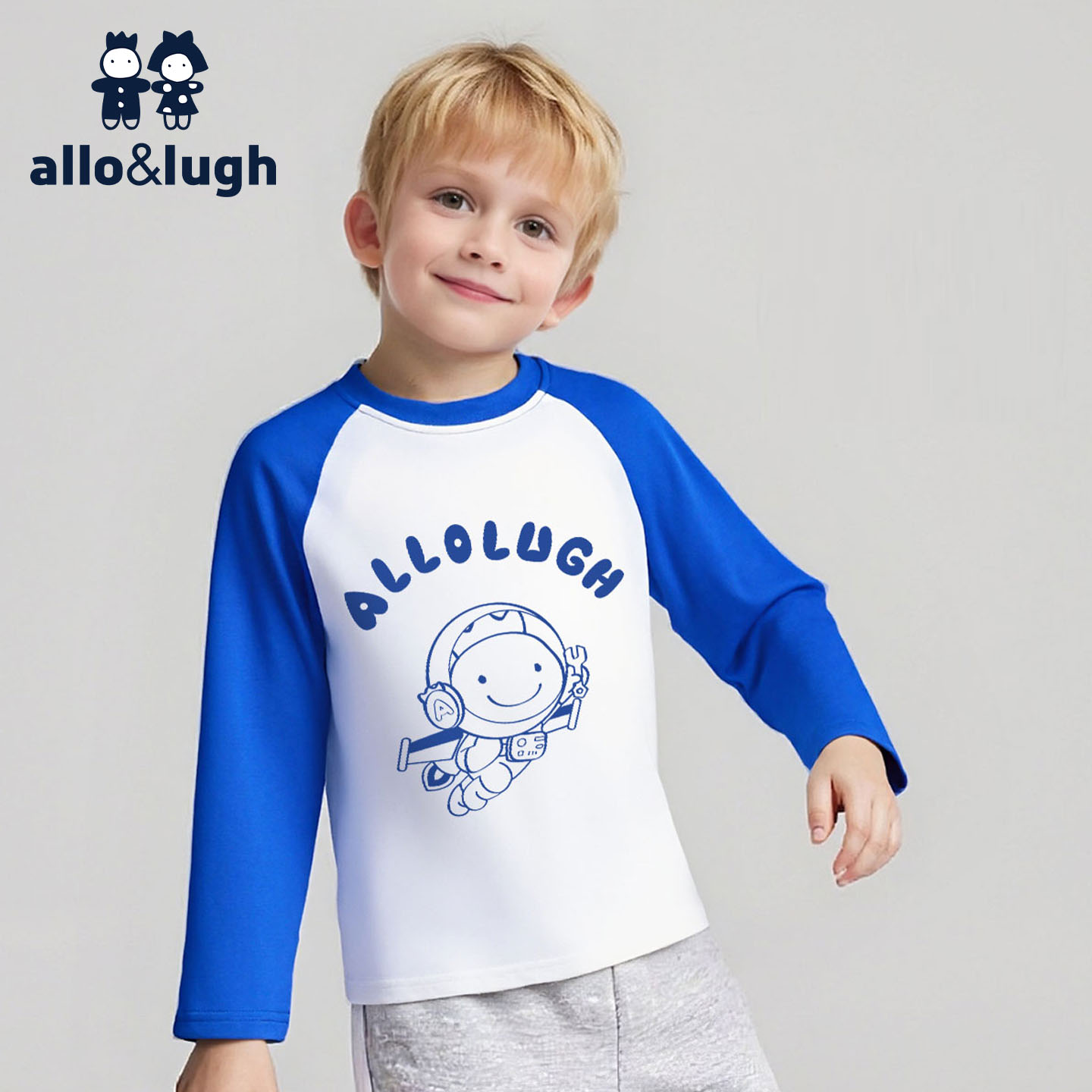 阿路和如男童纯棉长袖T恤拼色印花插肩春秋款男宝卡通上衣中大童