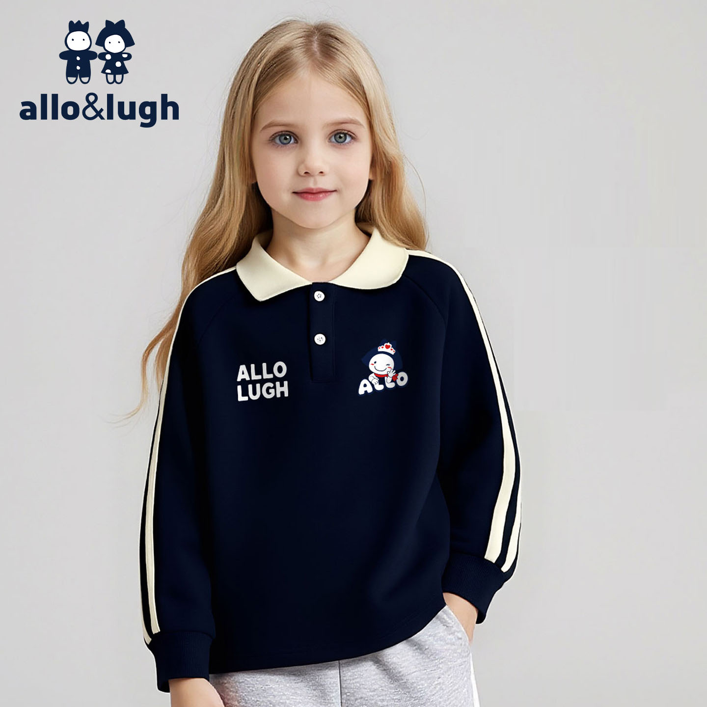 阿路和如印花撞色Polo领卫衣女大童春秋款小学初中女童上衣外套