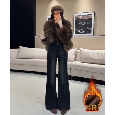 乔栈加绒黑色刺绣微喇叭牛仔裤女秋冬爆款设计感百搭小个子阔腿裤