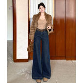 宽松显瘦弹力喇叭拖地裤 乔栈深蓝色高腰阔腿微喇牛仔裤 女秋冬爆款