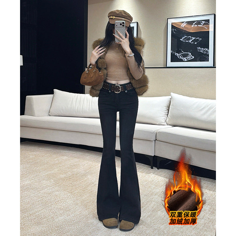 乔栈加绒黑色弹力修身喇叭牛仔裤女秋冬爆款高腰显瘦气质百搭微喇,女装/女士精品,牛仔裤,淘宝优惠券,粉丝福利购,淘宝优惠卷