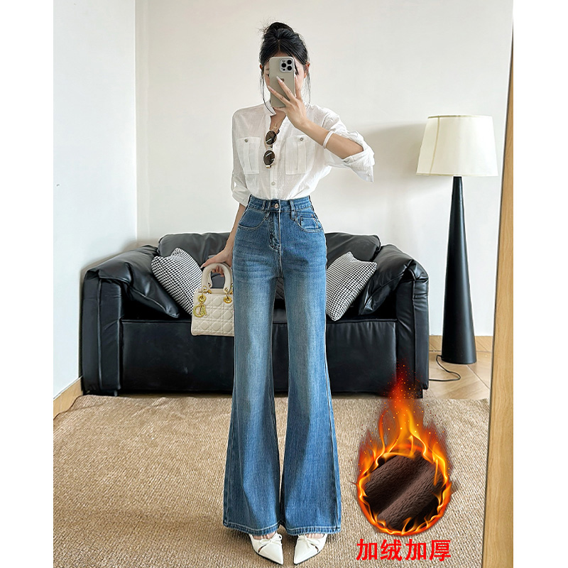 乔栈高级感穿搭阔腿牛仔裤女秋冬爆款加绒高腰显瘦微喇不贴腿长裤