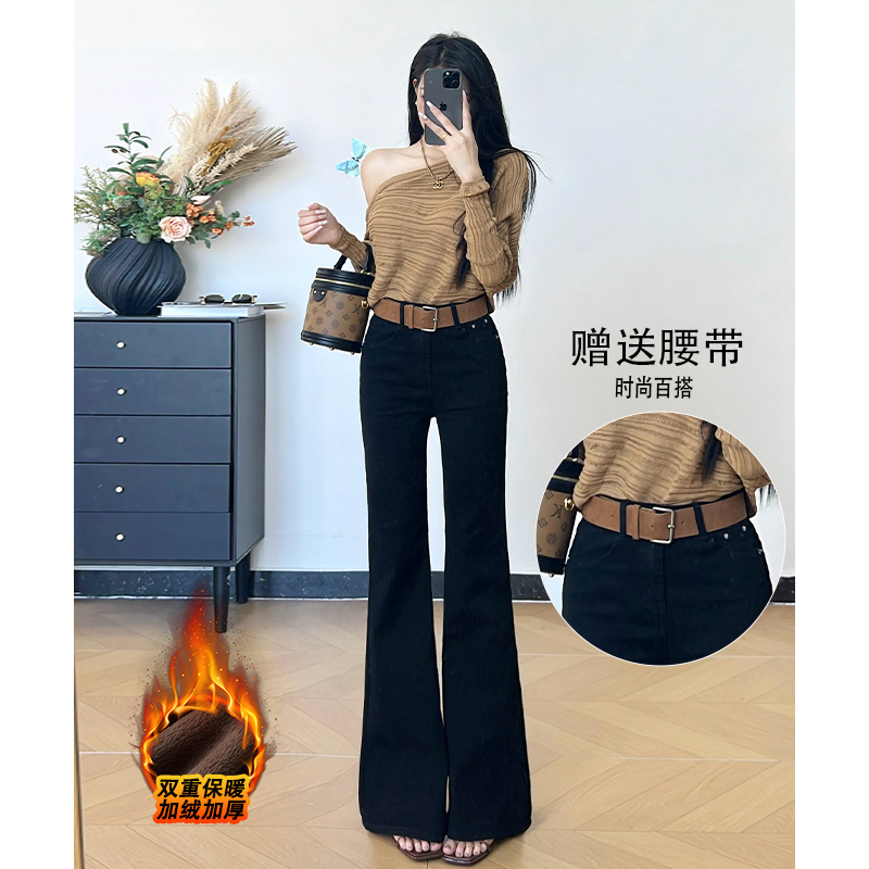 乔栈秋冬加绒黑色设计感修身微喇牛仔裤女高腰提臀显瘦小个子穿搭