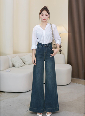 乔栈复古微喇阔腿牛仔裤女秋季爆款高腰显瘦弹力小个子宽松喇叭裤