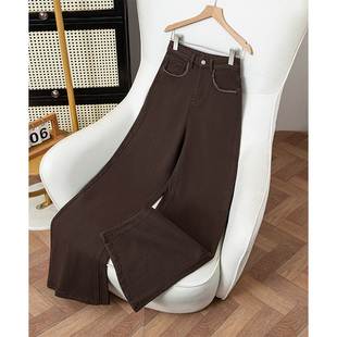 乔栈咖色美式阔腿牛仔裤女秋冬季爆款高腰刺绣设计感小个子直筒裤