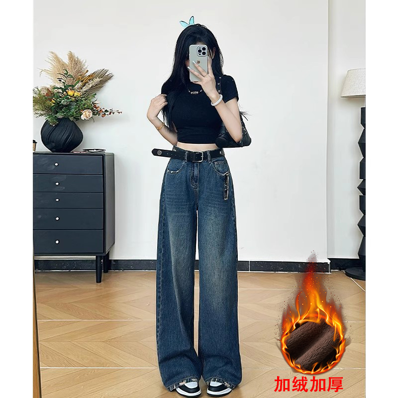 美式复古磨破设计阔腿牛仔裤女