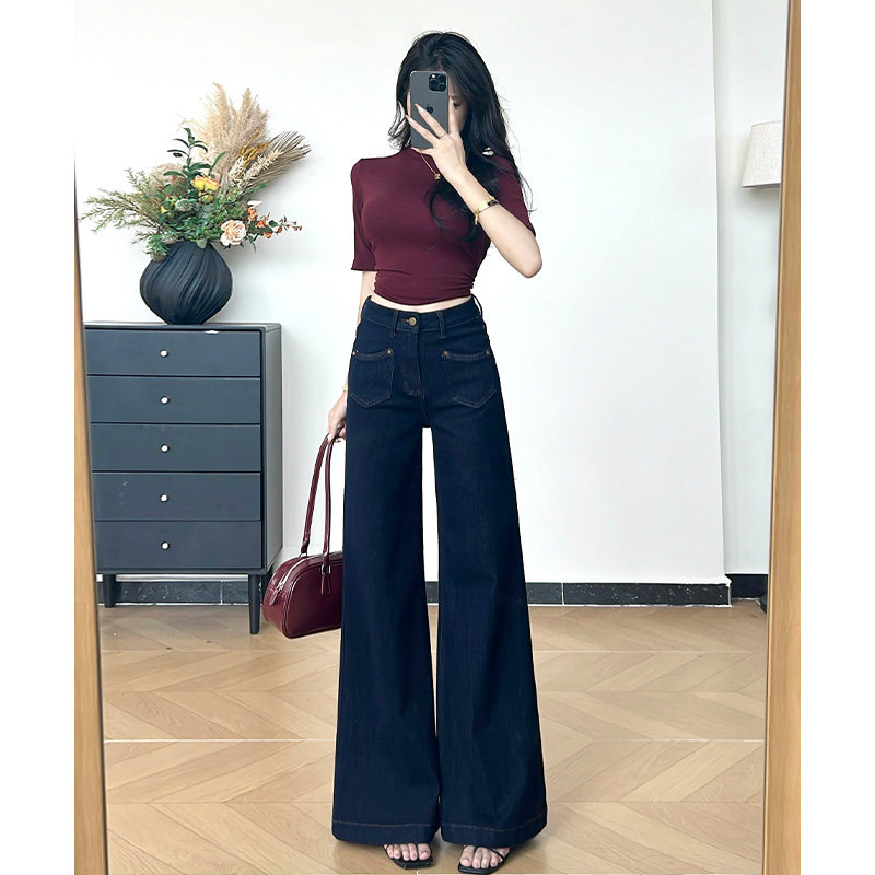 乔栈复古港风丹宁蓝不贴腿加绒微喇阔腿牛仔裤女秋冬新款高腰显瘦,女装/女士精品,牛仔裤,淘宝优惠券,粉丝福利购,淘宝优惠卷