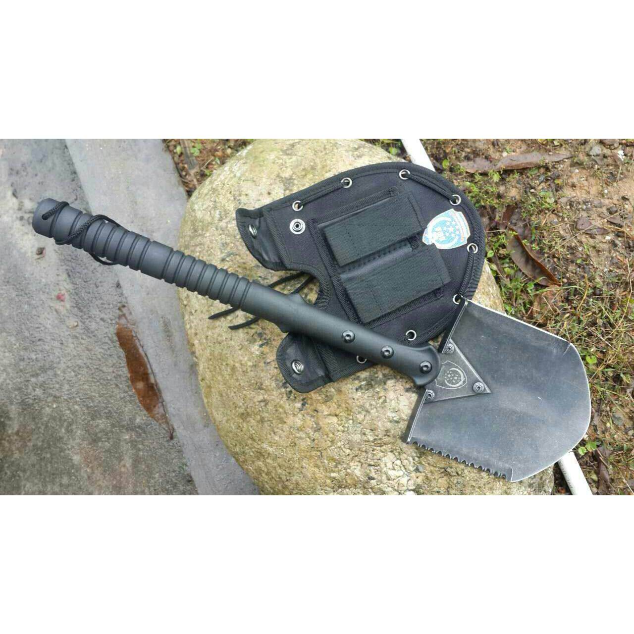 便携多功能工兵锄含斧头开瓶器 户外露营折叠铁锄救生铁锹