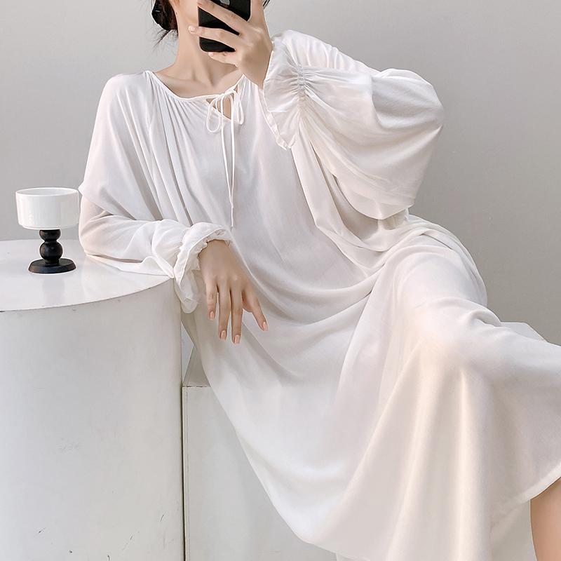 法式轻熟简约纯欲长袖睡衣女春夏款中长款棉绸睡裙连衣裙子可外穿