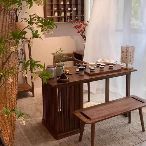 宋式美学榫卯泡茶桌实木黑胡桃木茶桌设计师同款高端定制阳台茶台
