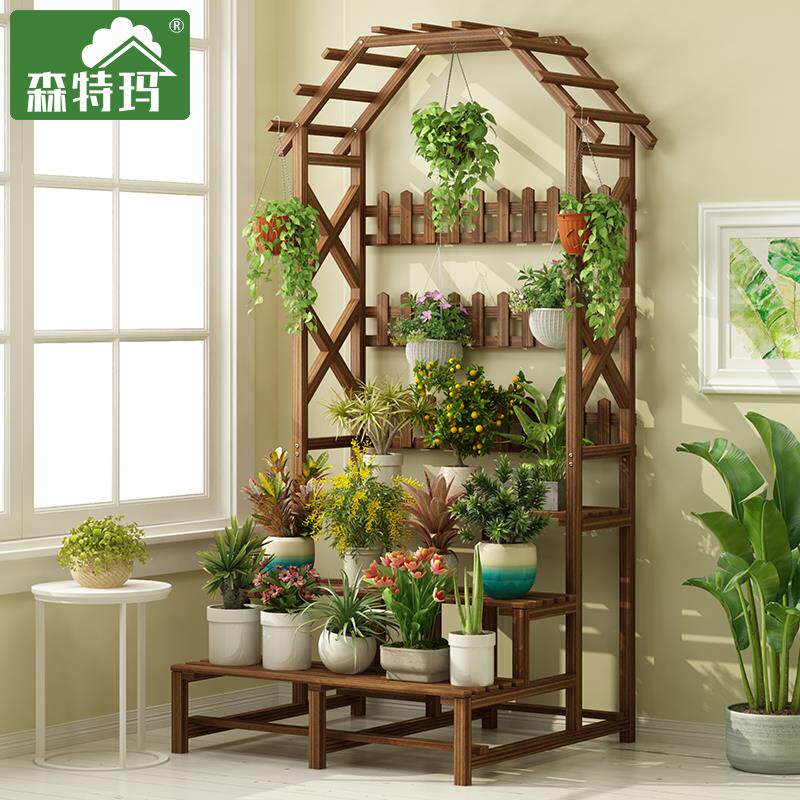 防腐花架子实木多层室内阳台置物架落地悬挂式客厅多肉盆栽架简约