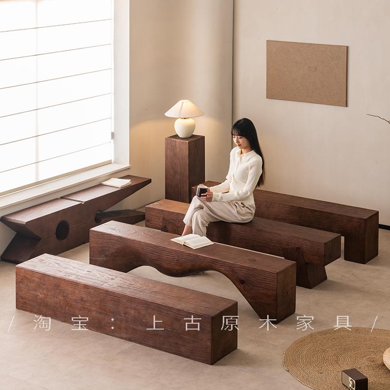 实木长凳原木长条凳黑胡桃木色美术博物馆商场休息坐凳木墩换鞋凳