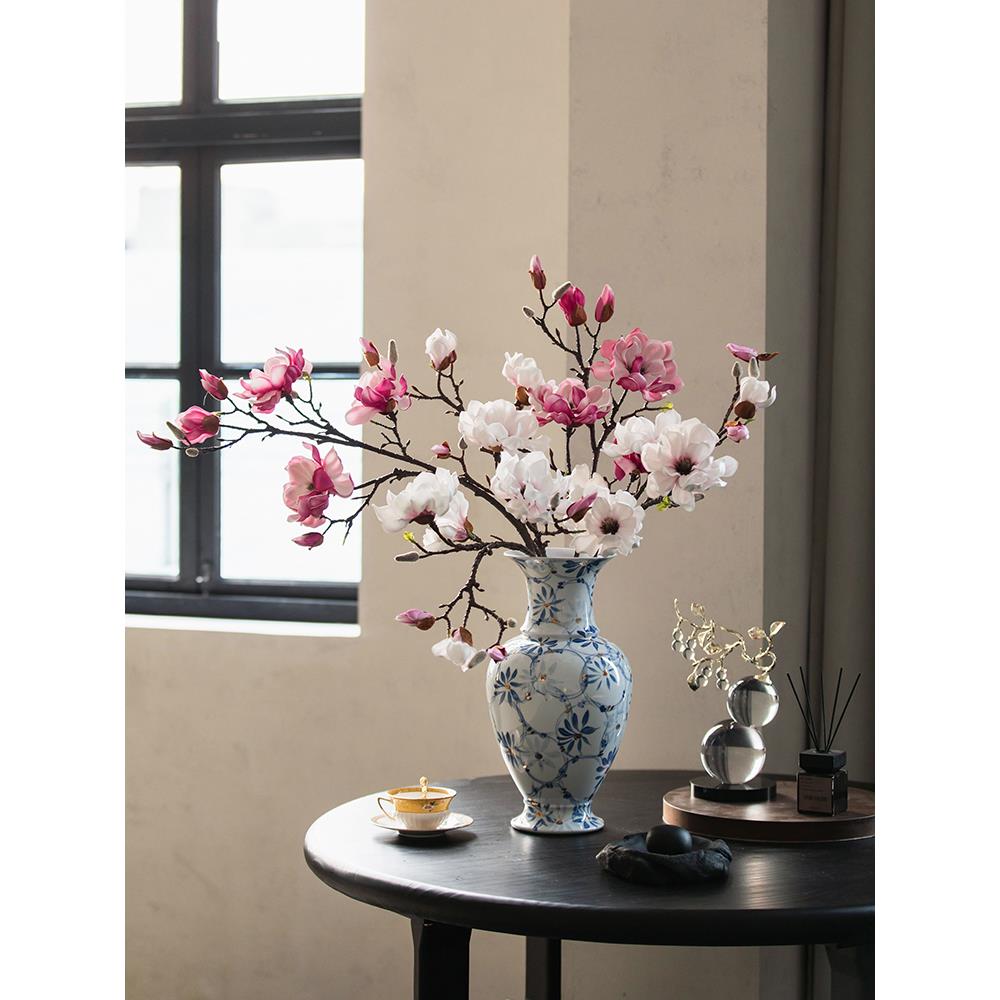 仿真花粉色玉兰新中式家居装饰花束插花餐桌花摆件摄影道具单支花