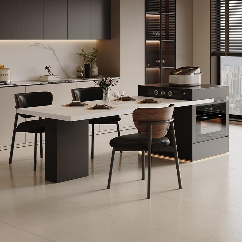 极简岩板岛台餐桌一体可伸缩小户型可内嵌蒸烤箱多功能岩板中导台