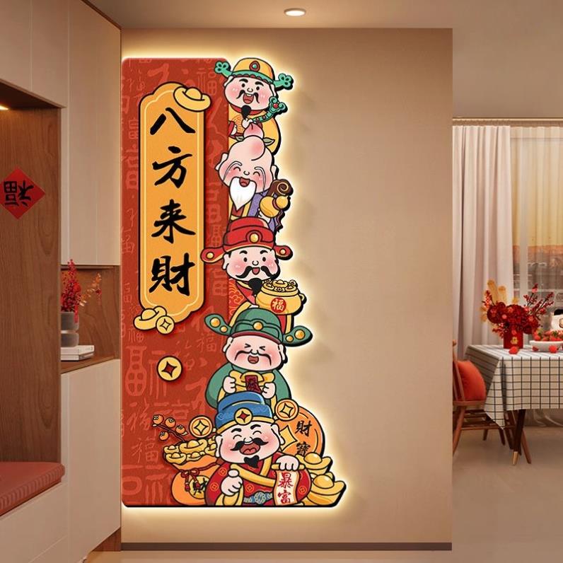 财神爷挂画玄关装饰画八方来财入户正对门壁画新中式走廊过道灯画