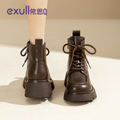 依思q棕色厚底马丁靴女英伦风2026女鞋 复古超火增高靴子短靴 新款
