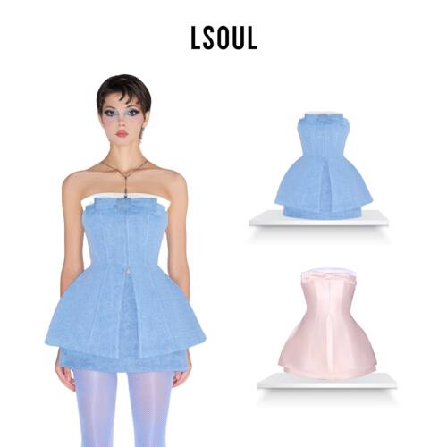 【尹子璐同款】LSOUL天蓝色抹胸蛋糕连衣裙裤女束腰型两件蝴蝶结