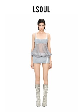 LSOUL 灰色吊带连衣裙宽松腰纱网短包臀裙设计感透视时尚女短裙裤