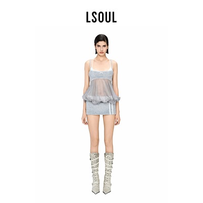 LSOUL 灰色吊带连衣裙宽松腰纱网短包臀裙设计感透视时尚女短裙裤