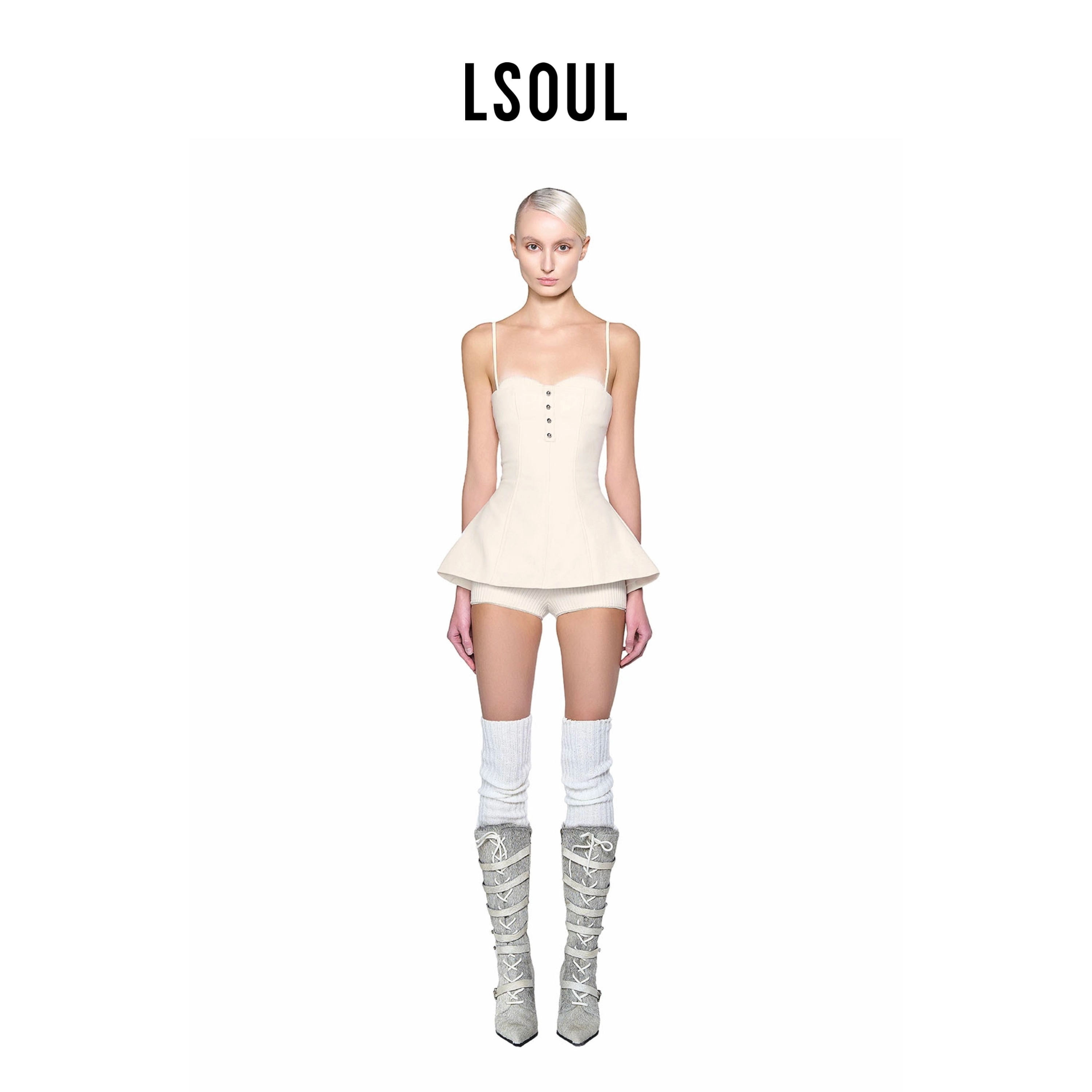 LSOUL ECHO SET 白色吊带裙裤设计感束腰修身显瘦A字裙夏