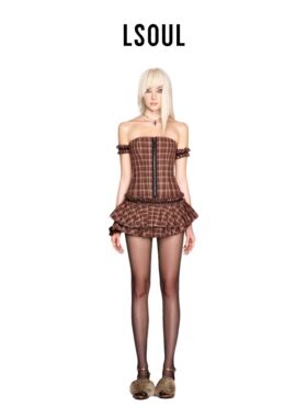 【张紫宁同款】LSOUL 棕色抹胸连衣裙绑带百褶裙摆短款收腰修身