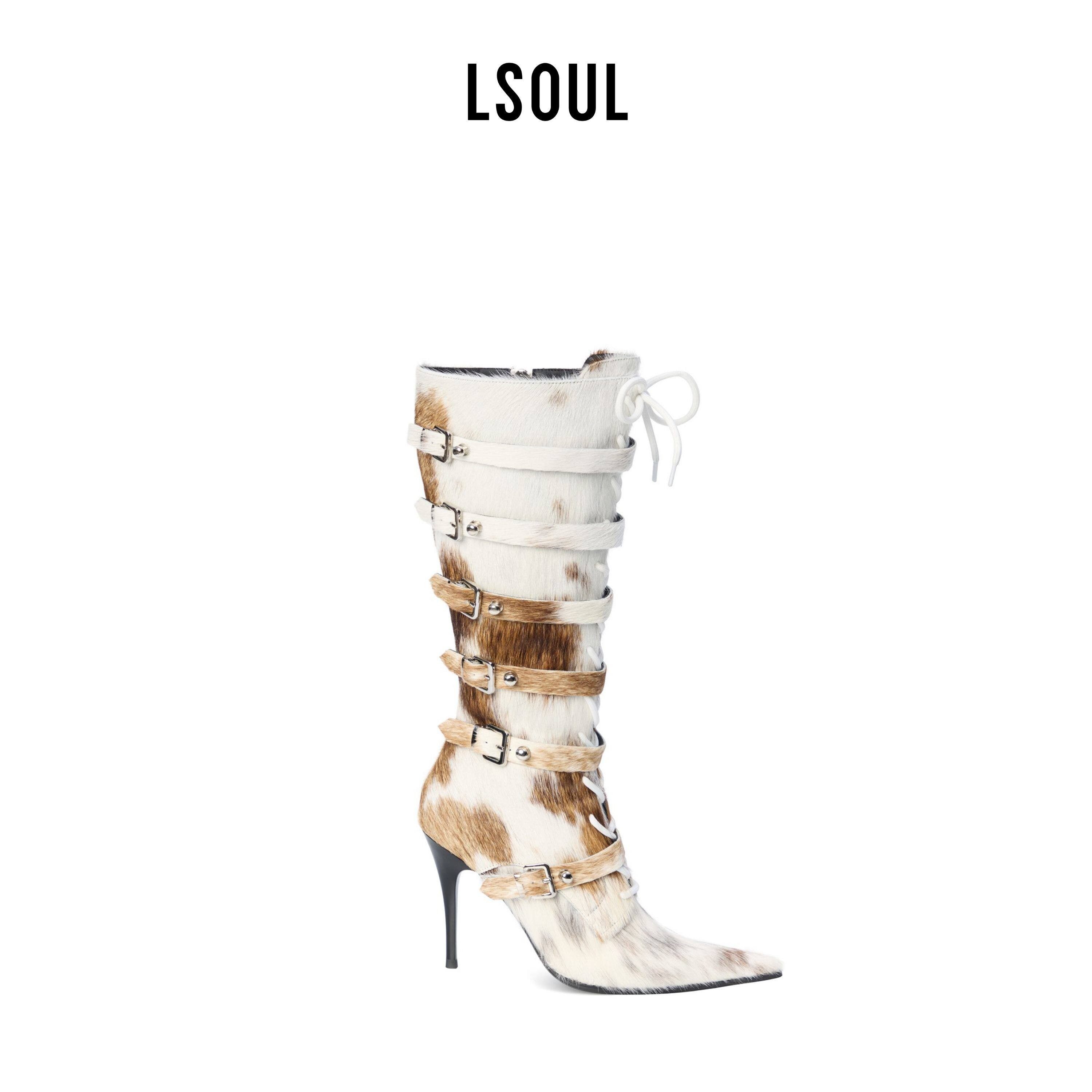 LSOUL 2025秋冬新款米白色马毛高跟长靴时尚百搭女鞋,女鞋,烟筒靴,淘宝优惠券,粉丝福利购,淘宝优惠卷